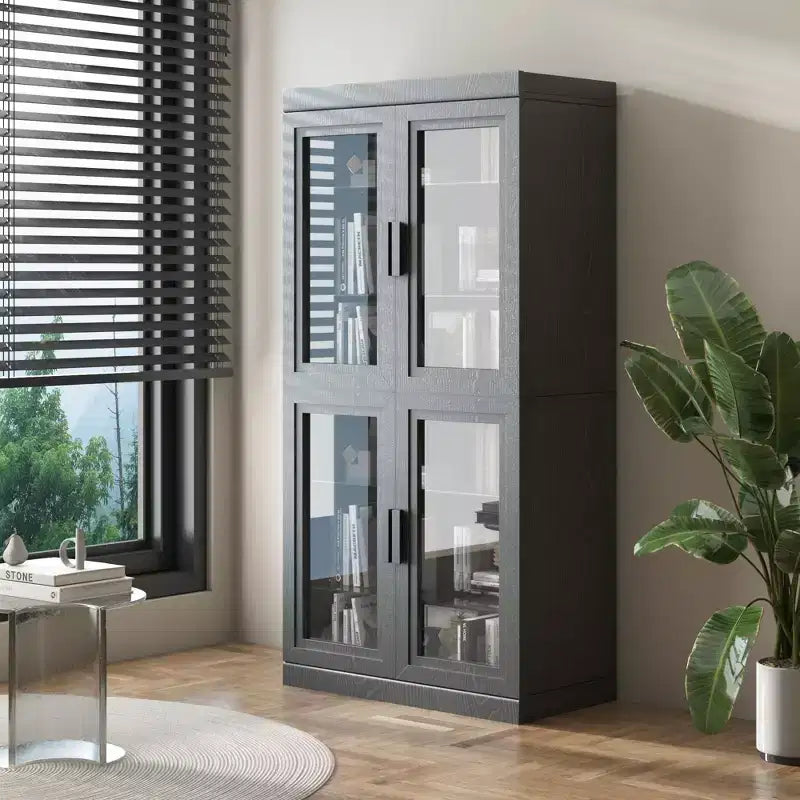 Wood Accent Cabinet in Black, Storage Organizer with Adjustable Shelves and Glass Doors for Kitchen Bedroom Living/Dinning Room
