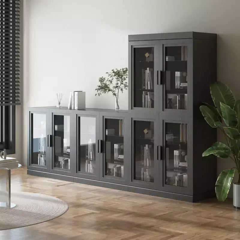 Wood Accent Cabinet in Black, Storage Organizer with Adjustable Shelves and Glass Doors for Kitchen Bedroom Living/Dinning Room