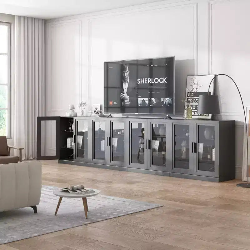 Wood Accent Cabinet in Black, Storage Organizer with Adjustable Shelves and Glass Doors for Kitchen Bedroom Living/Dinning Room