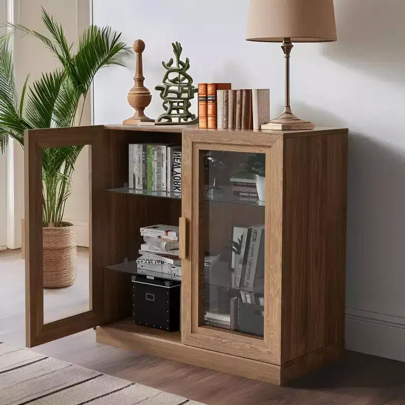 [31-inch | Natural Wood Tone]Double Glass Door Decorative Cabinet (Spacious Layered Storage + Modern Simplicity)
