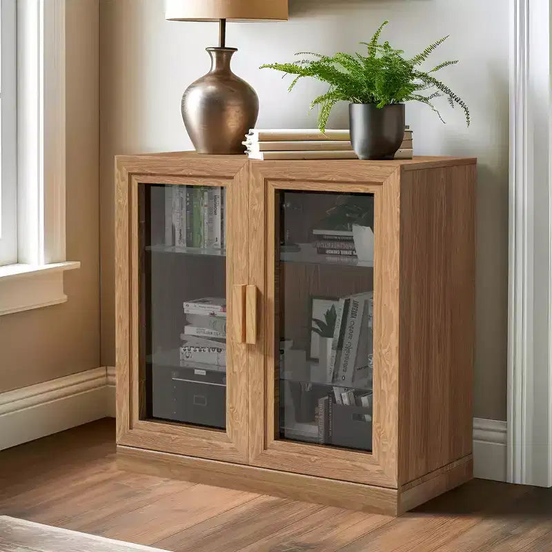 [31-inch | Natural Wood Tone]Double Glass Door Decorative Cabinet (Spacious Layered Storage + Modern Simplicity)