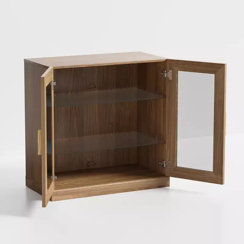 [31-inch | Natural Wood Tone]Double Glass Door Decorative Cabinet (Spacious Layered Storage + Modern Simplicity)