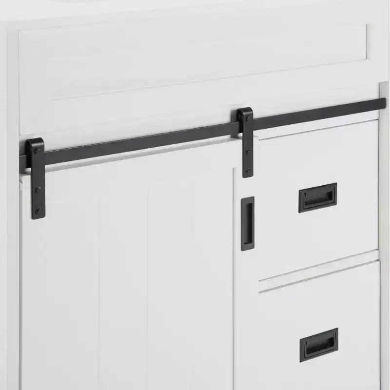 Bestier 30 White Farmhouse Bathroom Vanity with Sliding Barn Doors, 2 Drawers, Freestanding Vanity with Protective Backsplash