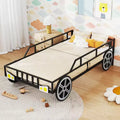 Costway Twin Car-Shaped Metal Bed Frame with Wheels Decorations Safety Guardrails