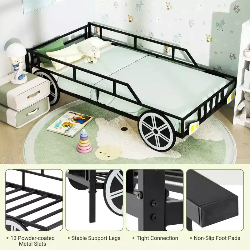 Costway Twin Car-Shaped Metal Bed Frame with Wheels Decorations Safety Guardrails