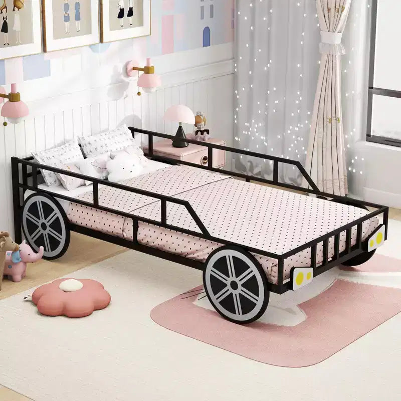 Costway Twin Car-Shaped Metal Bed Frame with Wheels Decorations Safety Guardrails