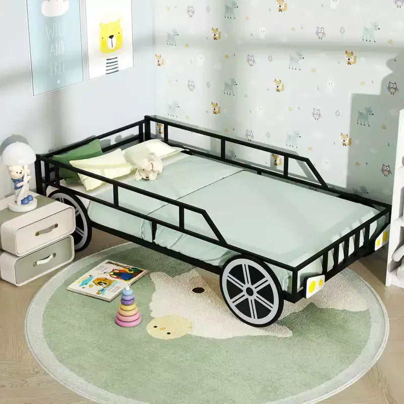 Costway Twin Car-Shaped Metal Bed Frame with Wheels Decorations Safety Guardrails