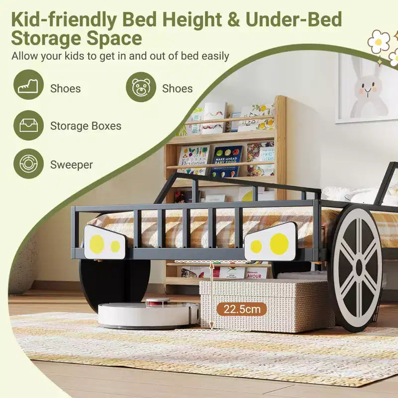 Costway Twin Car-Shaped Metal Bed Frame with Wheels Decorations Safety Guardrails