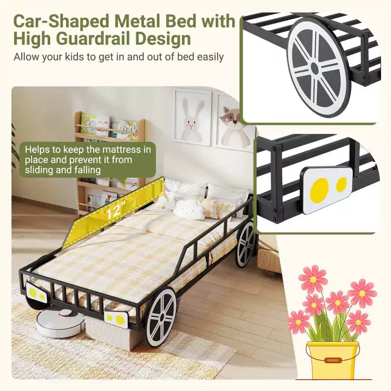 Costway Twin Car-Shaped Metal Bed Frame with Wheels Decorations Safety Guardrails