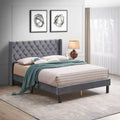 Okak Queen Bed Frame with Headboard, Velvet Button Tufted-Upholstered Platform Bed with Wings Design and Wood Slat Support, Gray