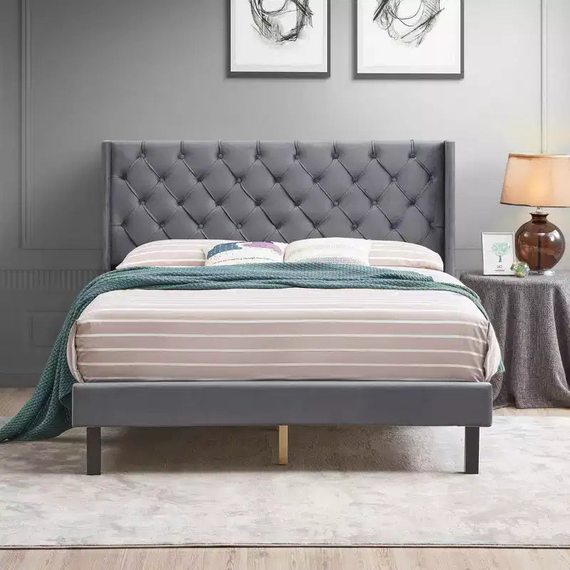Okak Queen Bed Frame with Headboard, Velvet Button Tufted-Upholstered Platform Bed with Wings Design and Wood Slat Support, Gray