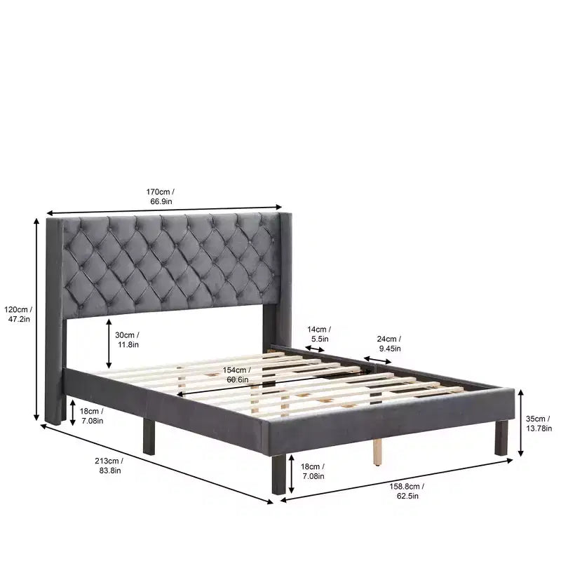 Okak Queen Bed Frame with Headboard, Velvet Button Tufted-Upholstered Platform Bed with Wings Design and Wood Slat Support, Gray