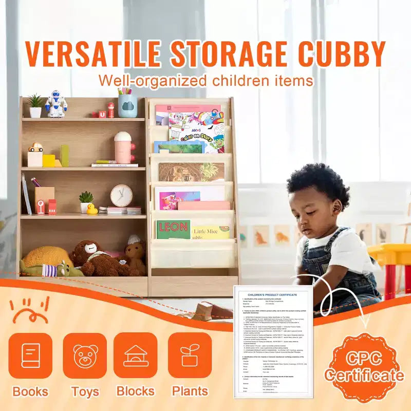 VEVOR 4-Tier Kids Wooden Bookshelf, Six-Layer Sling Bookcase, Baby Storage Book Rack, Book Toy Organizer Cabinet, for Kids Room, Playroom