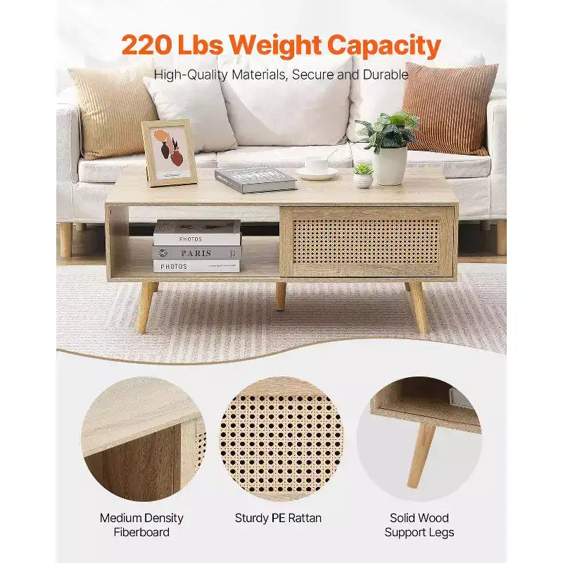 VEVOR Rattan Coffee Table, Mid Century Modern Coffee Table, Rectangle Wood Coffee Table, 42 Inch Modern Boho Style Two Layers Storage Coffee Table