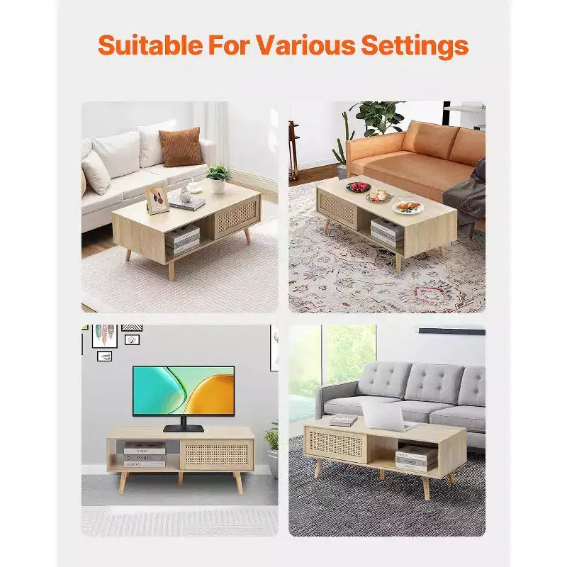 VEVOR Rattan Coffee Table, Mid Century Modern Coffee Table, Rectangle Wood Coffee Table, 42 Inch Modern Boho Style Two Layers Storage Coffee Table
