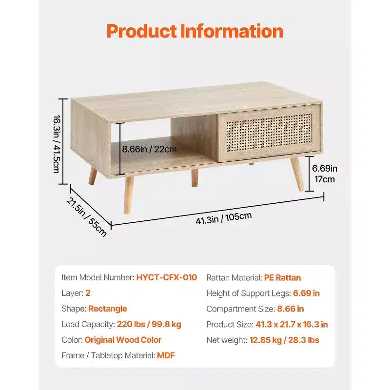 VEVOR Rattan Coffee Table, Mid Century Modern Coffee Table, Rectangle Wood Coffee Table, 42 Inch Modern Boho Style Two Layers Storage Coffee Table