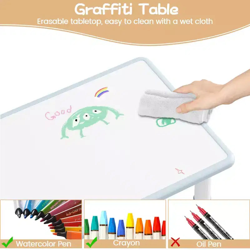 Kids Table and 4 Chairs Set with Particleboard Desktop, Non-Slip Legs, Easy to Wipe, Height Adjustable, Durable and Sturdy for Ages 2-10