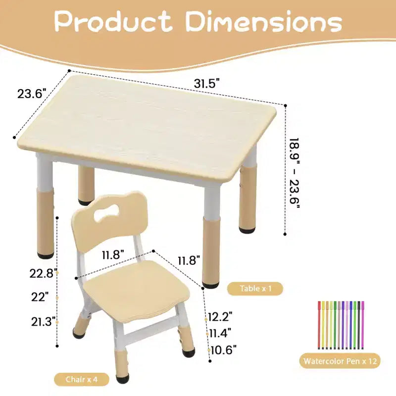 Kids Table and 4 Chairs Set with Particleboard Desktop, Non-Slip Legs, Easy to Wipe, Height Adjustable, Durable and Sturdy for Ages 2-10