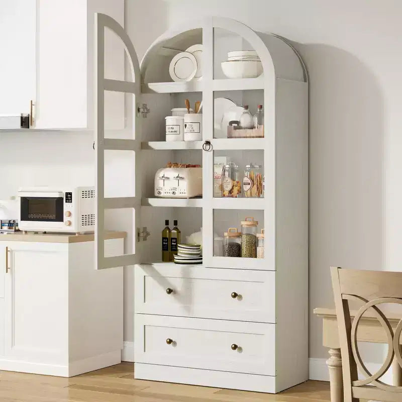 Garvee Tall Farmhouse Kitchen Pantry, Arched Wood Kitchens Storage Cabinets with 2 Large Drawers, Easy Assembly
