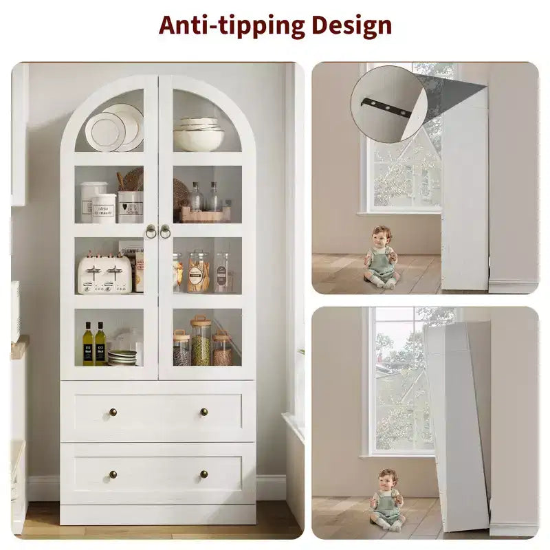 Garvee Tall Farmhouse Kitchen Pantry, Arched Wood Kitchens Storage Cabinets with 2 Large Drawers, Easy Assembly