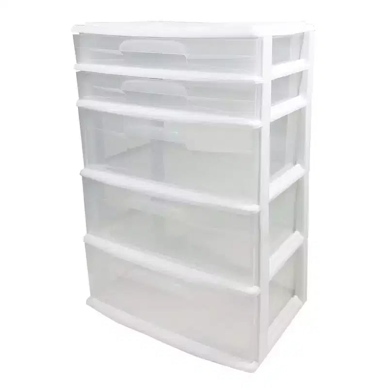 Homz Extra-Wide Plastic Storage and Organizer Tower with 5 Clear Drawers for Home, Office, Classroom, Craft, Art Supplies, Clothes, White Frame