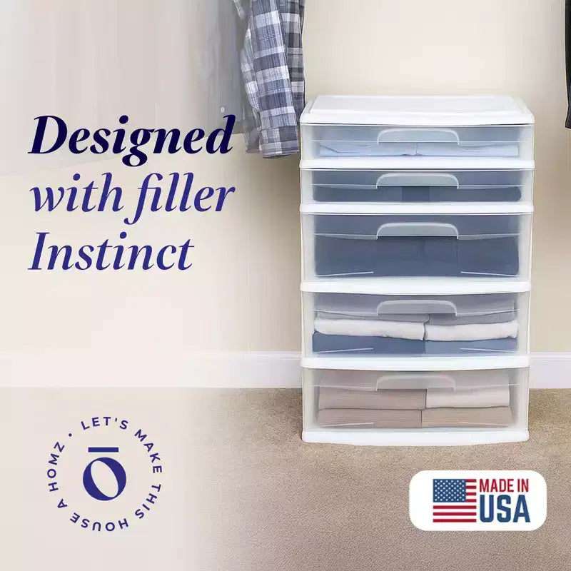 Homz Extra-Wide Plastic Storage and Organizer Tower with 5 Clear Drawers for Home, Office, Classroom, Craft, Art Supplies, Clothes, White Frame