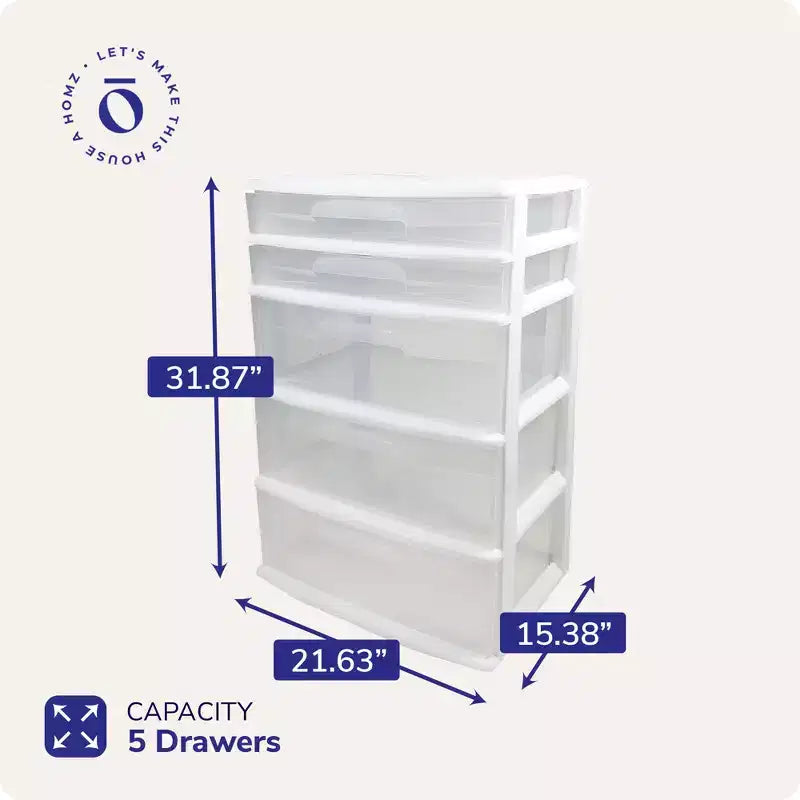 Homz Extra-Wide Plastic Storage and Organizer Tower with 5 Clear Drawers for Home, Office, Classroom, Craft, Art Supplies, Clothes, White Frame