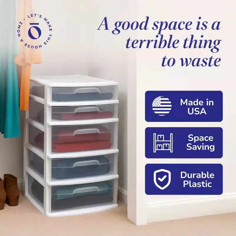 Homz Extra-Wide Plastic Storage and Organizer Tower with 5 Clear Drawers for Home, Office, Classroom, Craft, Art Supplies, Clothes, White Frame