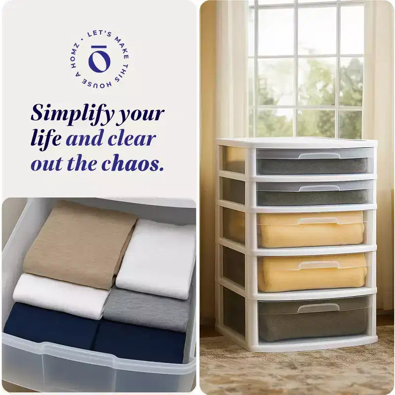 Homz Extra-Wide Plastic Storage and Organizer Tower with 5 Clear Drawers for Home, Office, Classroom, Craft, Art Supplies, Clothes, White Frame