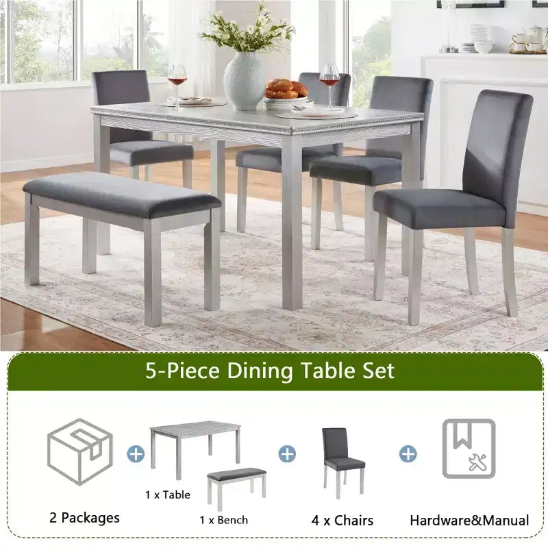 6 Piece Wooden Dining Table with 4 Upholstered Chairs and Bench for 6 People, Rectangular Dining Table Set with Crystal Decoration