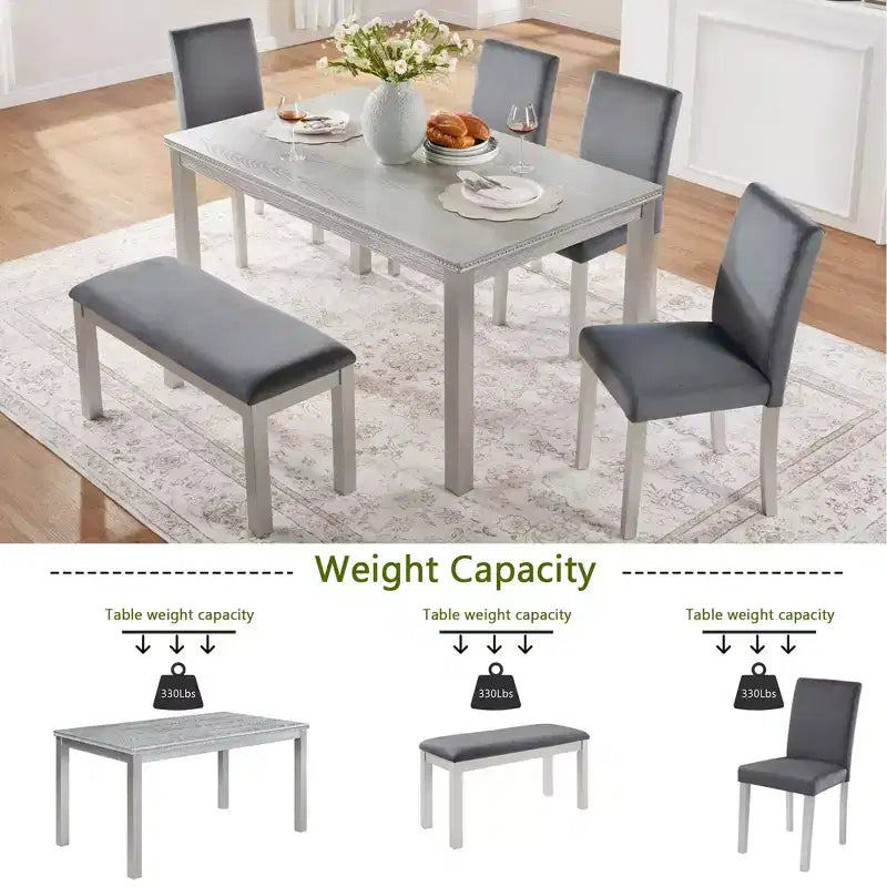 6 Piece Wooden Dining Table with 4 Upholstered Chairs and Bench for 6 People, Rectangular Dining Table Set with Crystal Decoration