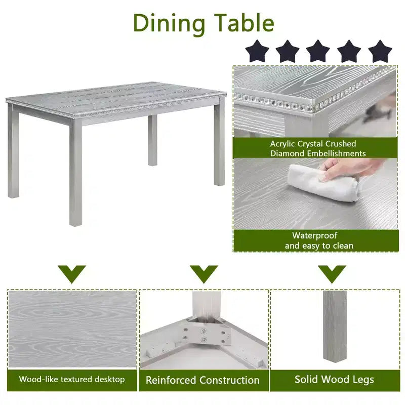 6 Piece Wooden Dining Table with 4 Upholstered Chairs and Bench for 6 People, Rectangular Dining Table Set with Crystal Decoration