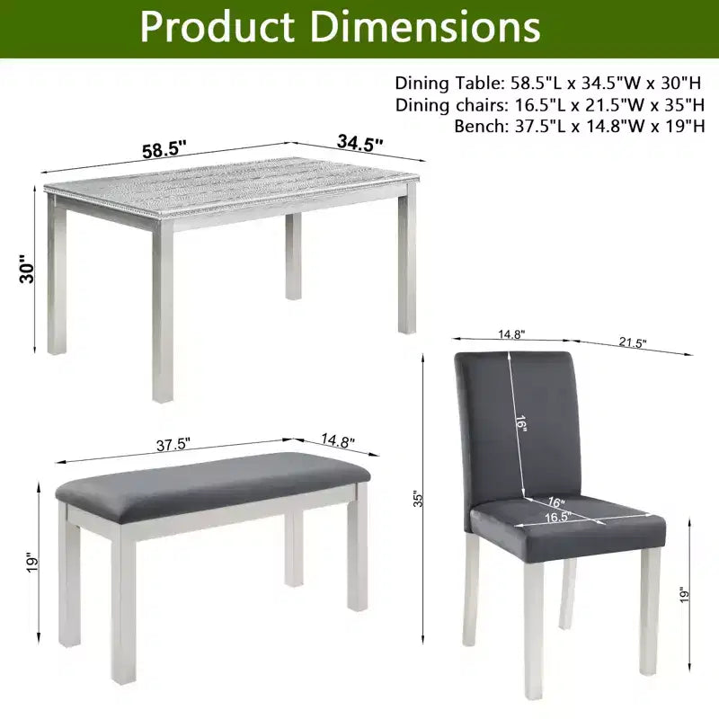 6 Piece Wooden Dining Table with 4 Upholstered Chairs and Bench for 6 People, Rectangular Dining Table Set with Crystal Decoration