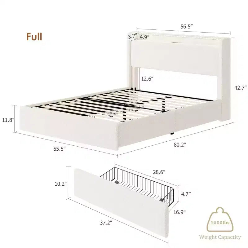 Whizmax Boucle Bed Frame - LED Headboard & Charging Station, 4 Storage Drawers, Platform with Wood Slats, No Box Spring, Cream
