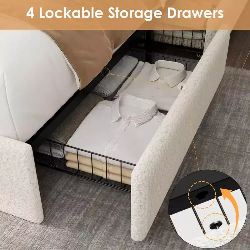 Whizmax Boucle Bed Frame - LED Headboard & Charging Station, 4 Storage Drawers, Platform with Wood Slats, No Box Spring, Cream