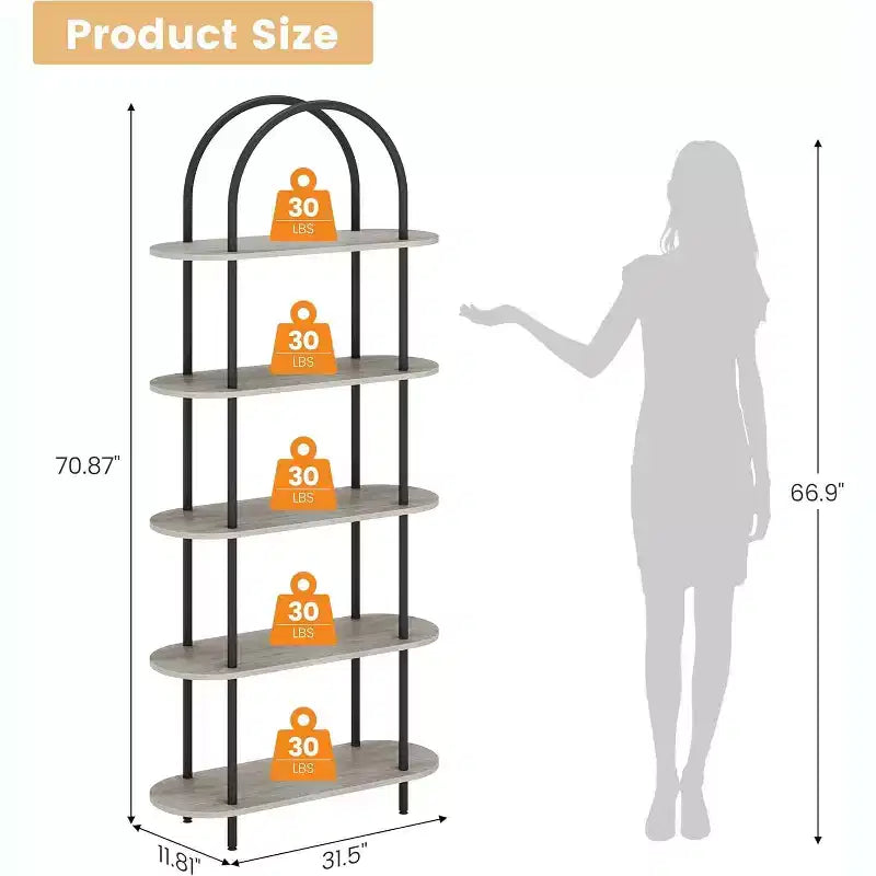 5-Tier Bookshelf, 71 Inch Tall Arched Bookcase, Metal Frame, Freestanding Display Rack, for Bedroom, Living Room