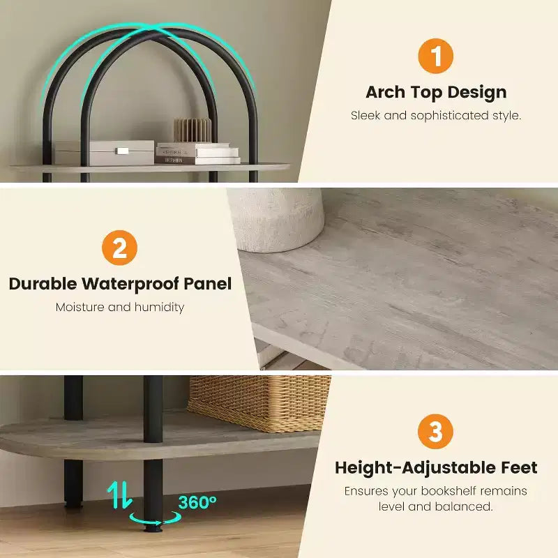 5-Tier Bookshelf, 71 Inch Tall Arched Bookcase, Metal Frame, Freestanding Display Rack, for Bedroom, Living Room