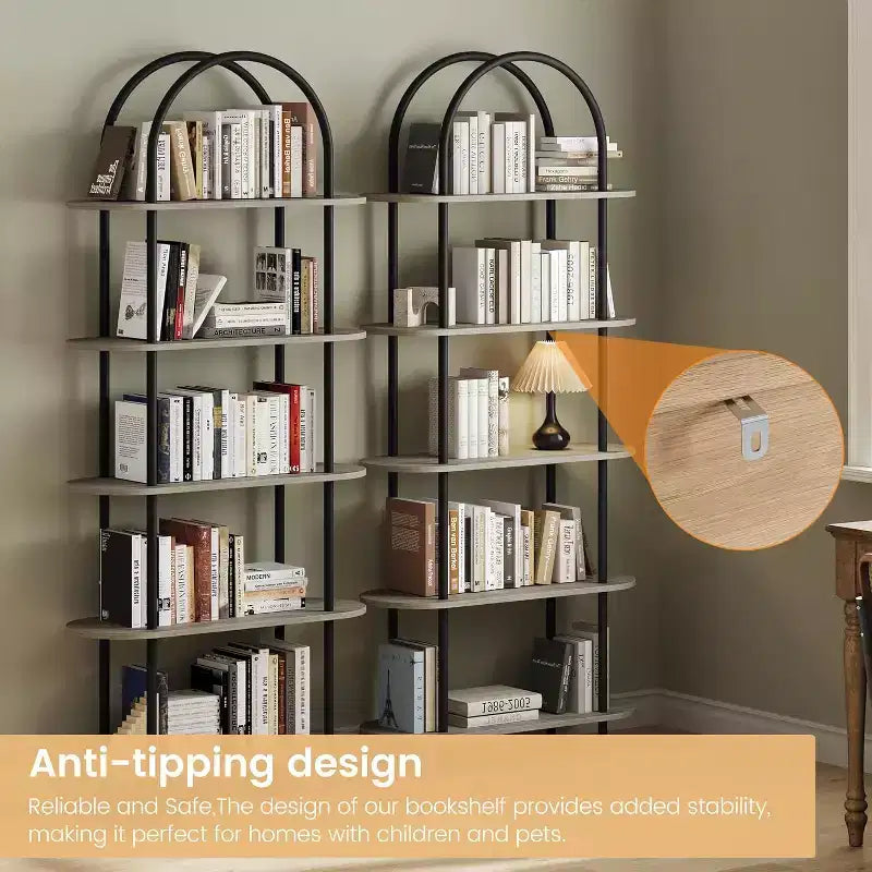 5-Tier Bookshelf, 71 Inch Tall Arched Bookcase, Metal Frame, Freestanding Display Rack, for Bedroom, Living Room