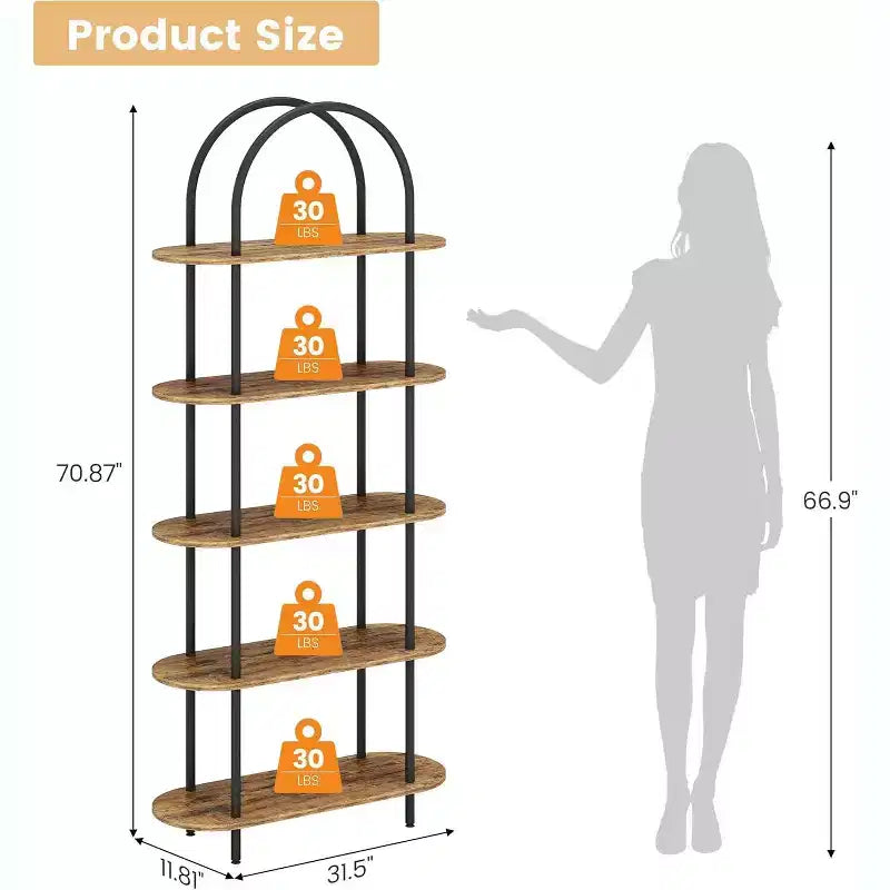 5-Tier Bookshelf, 71 Inch Tall Arched Bookcase, Metal Frame, Freestanding Display Rack, for Bedroom, Living Room
