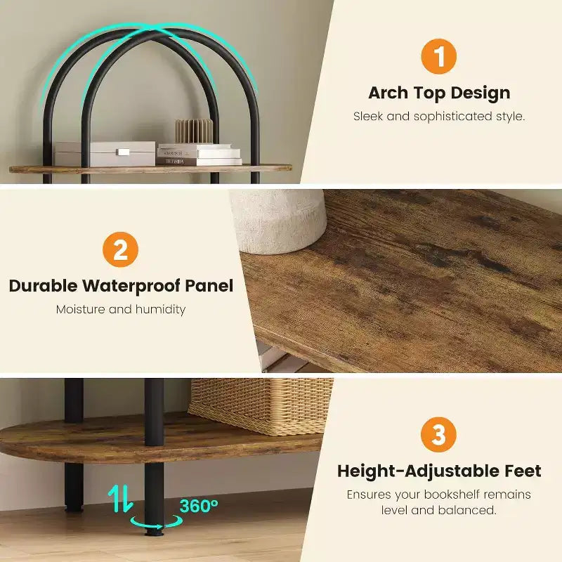 5-Tier Bookshelf, 71 Inch Tall Arched Bookcase, Metal Frame, Freestanding Display Rack, for Bedroom, Living Room