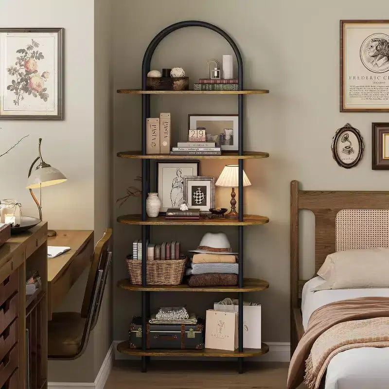 5-Tier Bookshelf, 71 Inch Tall Arched Bookcase, Metal Frame, Freestanding Display Rack, for Bedroom, Living Room