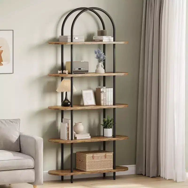 5-Tier Bookshelf, 71 Inch Tall Arched Bookcase, Metal Frame, Freestanding Display Rack, for Bedroom, Living Room