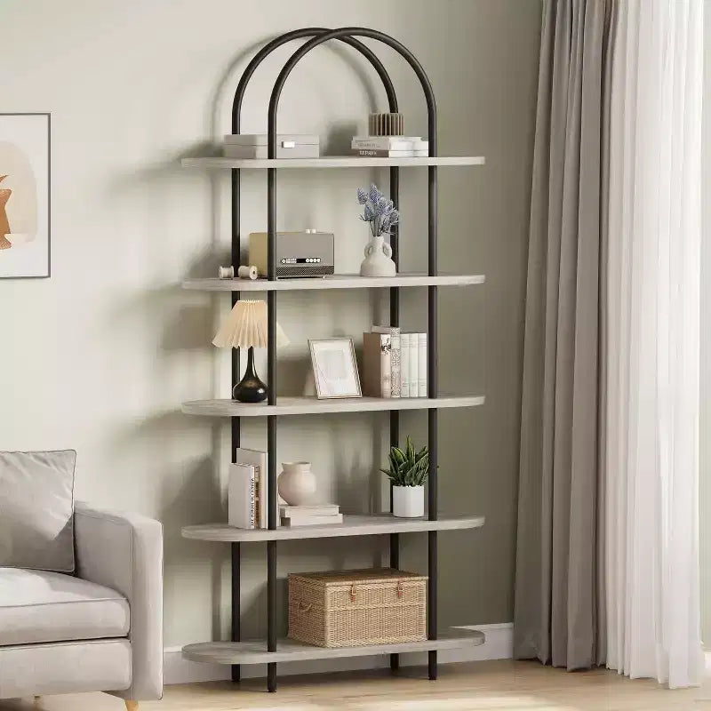 5-Tier Bookshelf, 71 Inch Tall Arched Bookcase, Metal Frame, Freestanding Display Rack, for Bedroom, Living Room