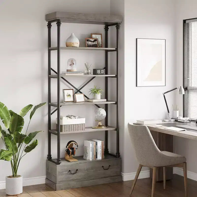 81.3 Tall Bookcase - 5 Tier Bookshelf with Drawers, Vintage Metal Frame, Display Shelf, Storage for Home Office, Living Room, Bedroom, Bathroom