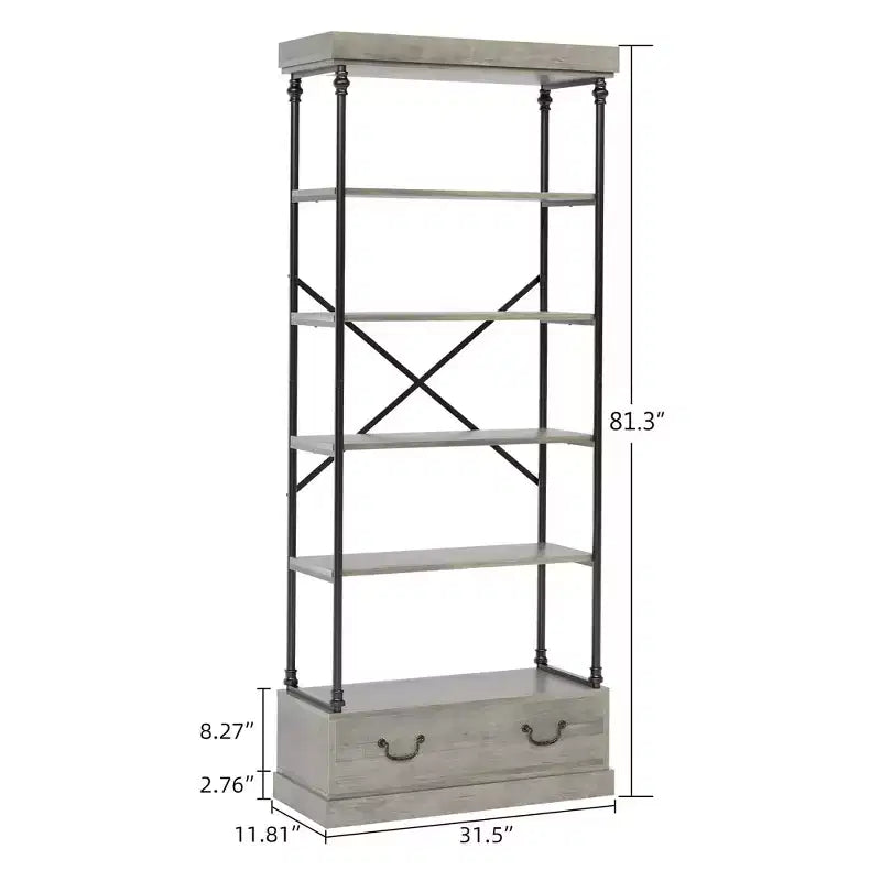 81.3 Tall Bookcase - 5 Tier Bookshelf with Drawers, Vintage Metal Frame, Display Shelf, Storage for Home Office, Living Room, Bedroom, Bathroom