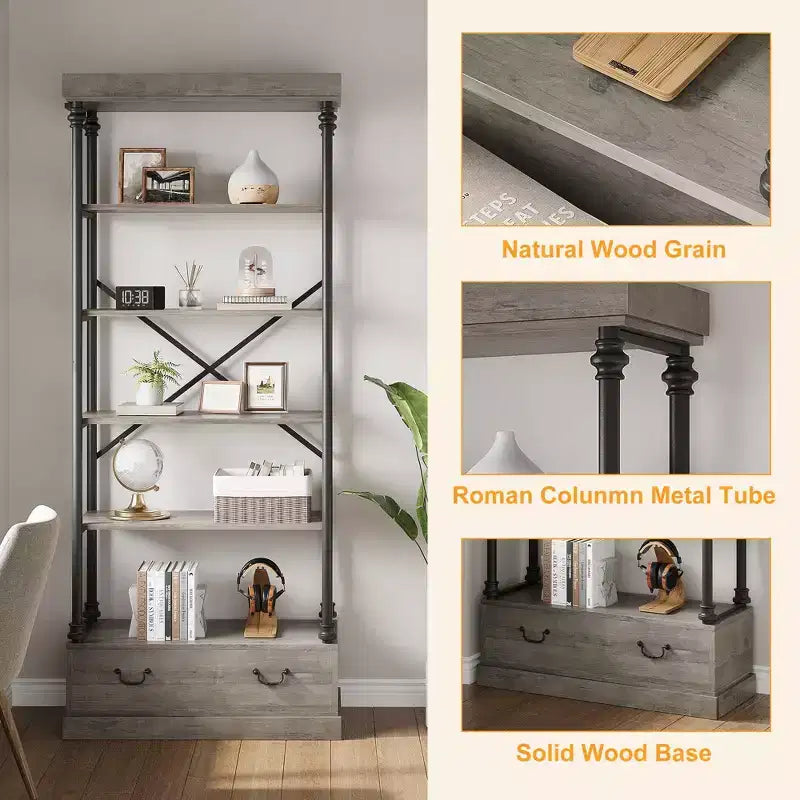 81.3 Tall Bookcase - 5 Tier Bookshelf with Drawers, Vintage Metal Frame, Display Shelf, Storage for Home Office, Living Room, Bedroom, Bathroom
