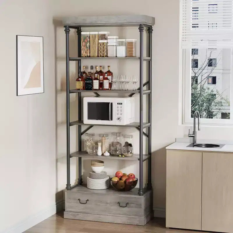 81.3 Tall Bookcase - 5 Tier Bookshelf with Drawers, Vintage Metal Frame, Display Shelf, Storage for Home Office, Living Room, Bedroom, Bathroom