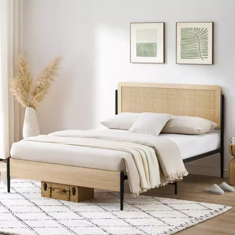 Full/Queen bed frame with curved metal rattan headboard and wooden footboard platform with under bed storage