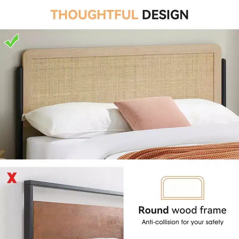 Full/Queen bed frame with curved metal rattan headboard and wooden footboard platform with under bed storage