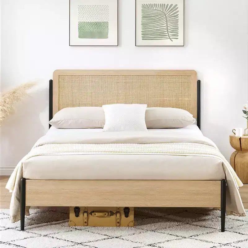 Full/Queen bed frame with curved metal rattan headboard and wooden footboard platform with under bed storage